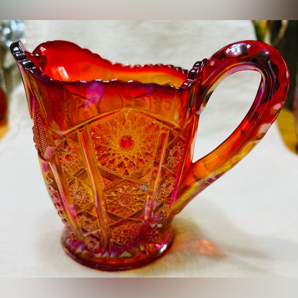 Vintage Indiana carnival glass iridescent cream pitcher. Mint condition.